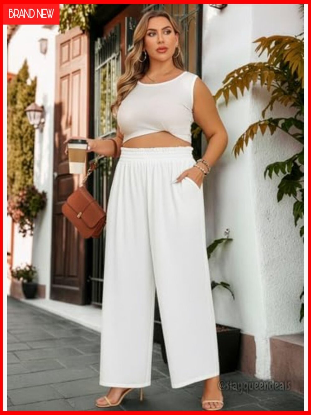 Plus Size Wide Leg Palazzo Pants Elastic High Waist with Pockets - Picture 3 of 7